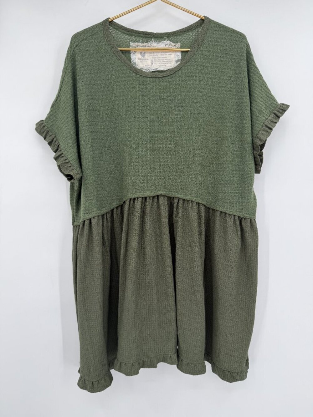 Farmhouse Fresh Olive Green Waffle Knit Babydoll Tunic Top Cottagecore M